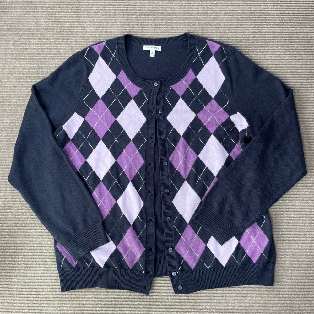 Croft & Barrow Womens XL Argyle Cardigan Sweater Navy Blue Purple Button Front